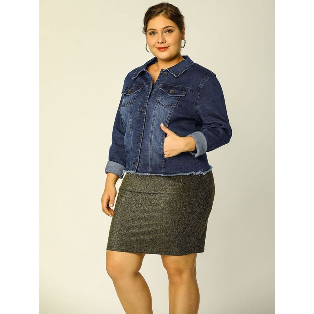 Women's Plus Size Washed Front Frayed Denim Jacket Dark Blue - Picture 4 of 6